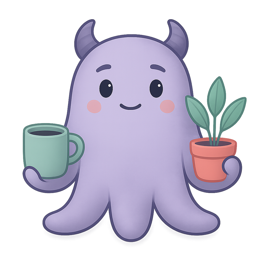 Playful purple monster holding a mug – Checkboxless mascot